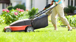 Lawn maintenance tips woman mowing lawn